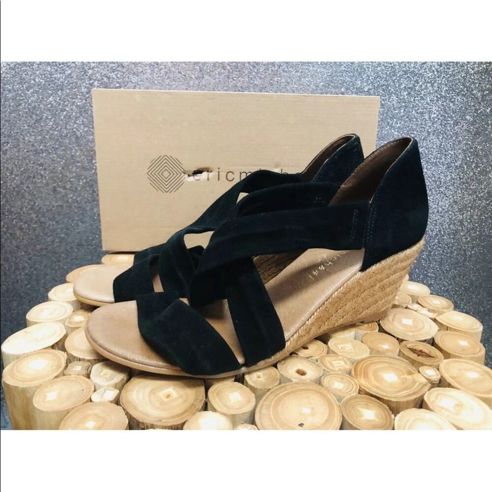Eric Michael Black Suede Crisscross Espadrille Wedge Sandals